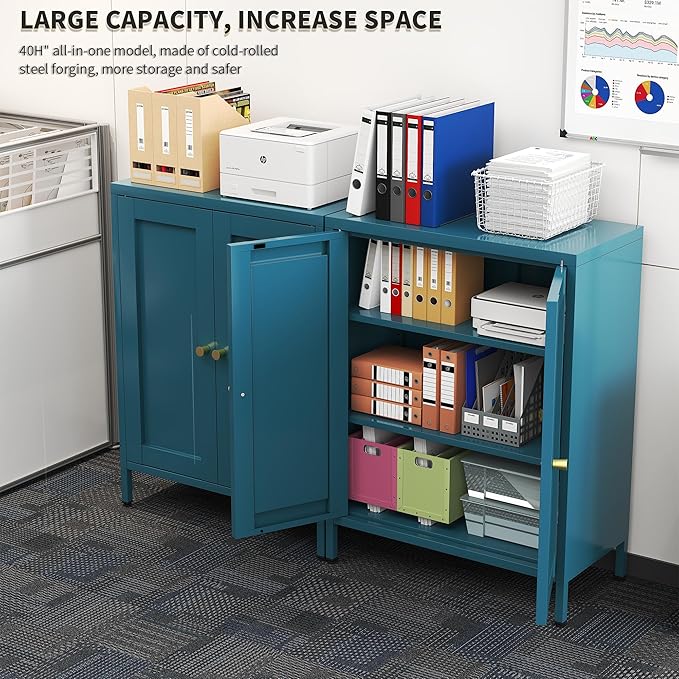 Blue Metal Storage Cabinet with 2 Doors - 31.5''H Bathroom Floor Storage Cabinet, 3 Tier Locker with Adjustable Shelves, Bathroom Cabinet for Office, Home, Living Room, Kitchen