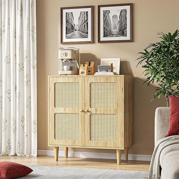 Rattan Sideboard Buffet Cabinet with Storage,Boho Credenza Accent Cabinet with 2 Magnetic Doors and Adjustable Shelves and Solid Wood Legs for Dining Room, Entryway, 31.5" x 15.8" x 34.6"