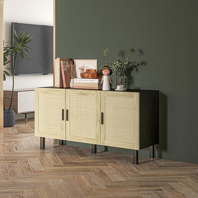 HOMCOM Boho Sideboard Buffet Cabinet, Coffee Bar Cabinet with 3 Rattan Doors and Adjustable Shelves for Kitchen, Living Room, Black and Natural