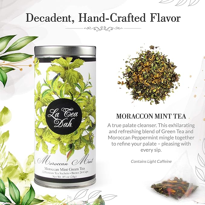 Moroccan Mint Tea by La Tea Dah, Premium Peppermint Tea Bags Made with Green Tea Leaves, Peppermint Leaves, & Natural Peppermint Flavor, Floral Tea Gift Collection (12 Sachets)