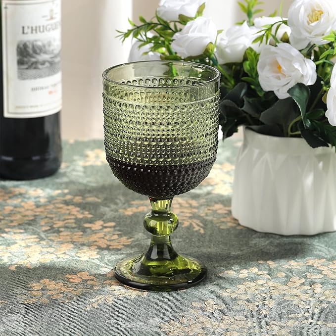 Joeyan Green Vintage Wine Goblet Glasses,Embossed Colored Stemmed Glass Cups,Hobnail Stemware Drinking Glasses,Romantic Beaded Glassware for Water Juice Cocktail,12 oz,Set of 4,Dishwasher Safe