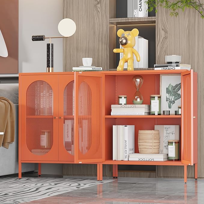 Small 2 Transparent Door Metal Storage Side Buffet Cabinet for Bed Room,Living Room,Entryway,Hallway,Home,Hotel,Office,Garage,Kitchen,1 Removable Shelf. (Mesh Door, Orange)