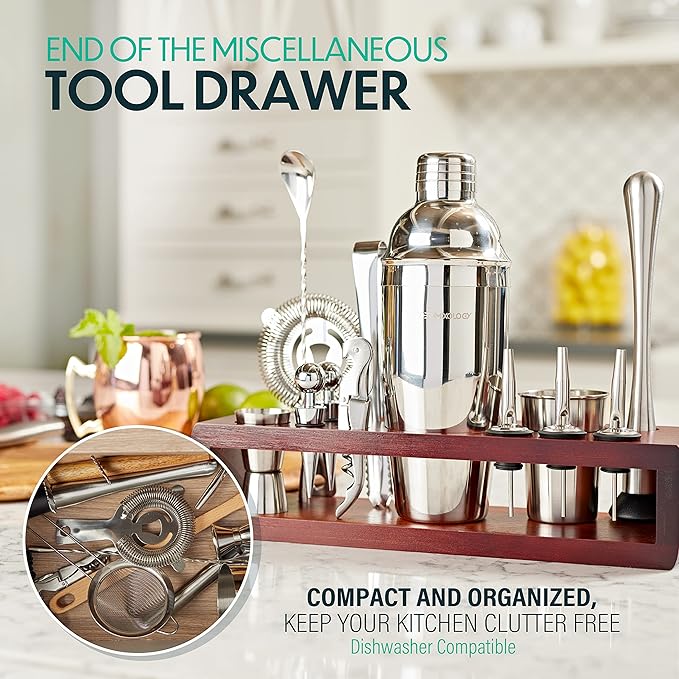 Modern Mixology 21-Piece Cocktail Shaker Set with Stand, Bartender Kit for Home Bar Accessories: 24oz Martini Shaker, Jigger, Strainer, Bar Spoon, Tongs, Opener, Muddler (Silver, Dark Brown Stand)