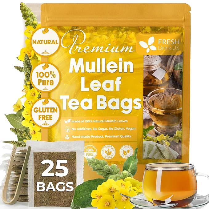 FreshDrinkUS, Premium 25 Mullein Leaf Tea For Lungs, Lung Detox For Smokers, Handmade, 100% Natural & Pure, Mullein Tea, No Sugar, No Caffeine, No Gluten, Vegan