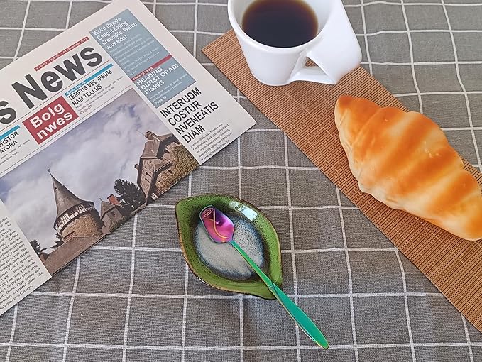 Coffee Spoon and Rest for Coffee Bar Accessories, Leaf Small Spoon Rest for Coffee Station, Tea Spoon Rest Tea Spoon Holder Teaspoon Rest, 1 PC (Retro Grass Green with Rainbow Rose Spoon)