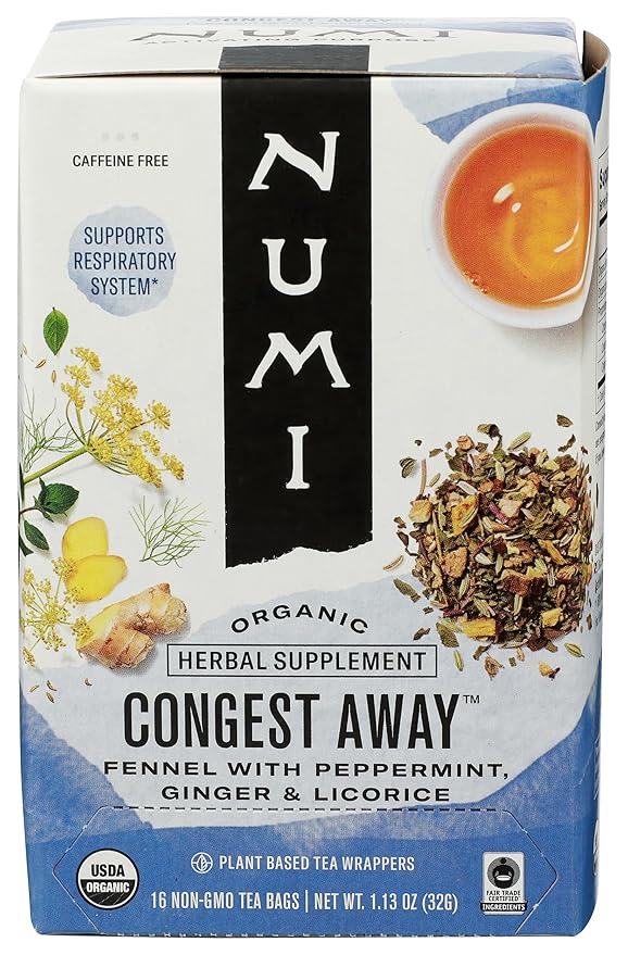 Numi Organic Congest Away Herbal Tea 16 Tea Bags Caffeine‑Free Blend with Fennel Peppermint Ginger Cinnamon & Licorice for Cooling Soothing Respiratory Comfort