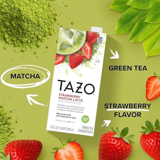 TAZO Tea Concentrate, Chocolate Chai Latte, Strawberry Matcha Latte, Iced Peach Mango 32 Fl Oz (1ea) (Variety Pack)