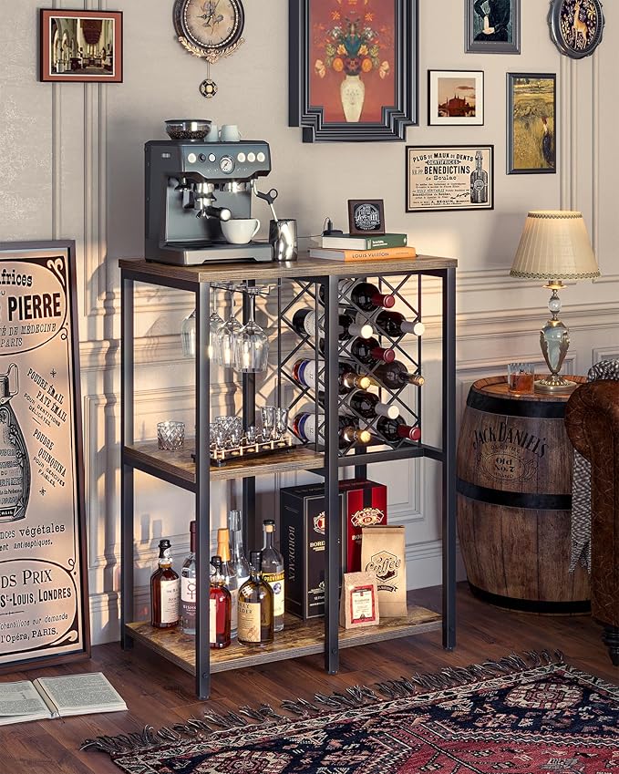 TIQLAB 3-Tier Wine Rack Cabinet, Modern Liquor & Coffee Bar Cart with Shelves, Glass Holder and Power Socket, Bar Table for Kitchen, Dining Room