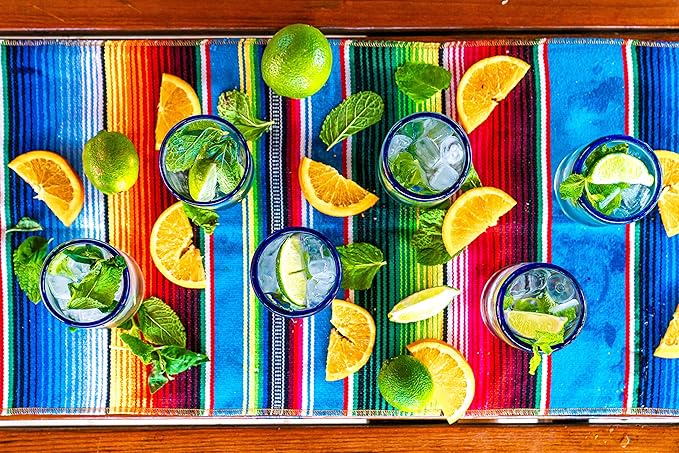 Set of 6 Hand-Blown Tumbler (10 oz) Glasses from Mexico with Cobalt Blue Rim - Rustic & Handcrafted Recycled Bubble Glass Drinking Glassware