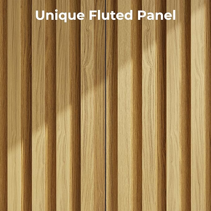 Fluted Cabinet with Storage, Buffet Cabinet Sideborad with 4 Doors, Natural Buffet Storage Accent Cabinets with Adjustable Shelves for Living Room, Entry, Hallway, Kitchen