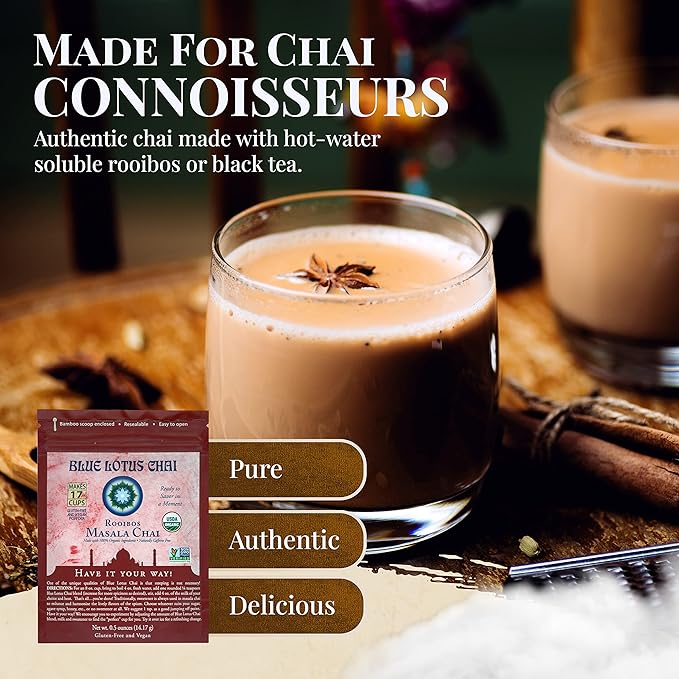 Blue Lotus Chai - Rooibos Masala Chai - Makes 17 Cups - 0.5 oz Pouch Masala Spiced Chai Powder with Organic Spices - Instant Indian Tea No Steeping - No Gluten