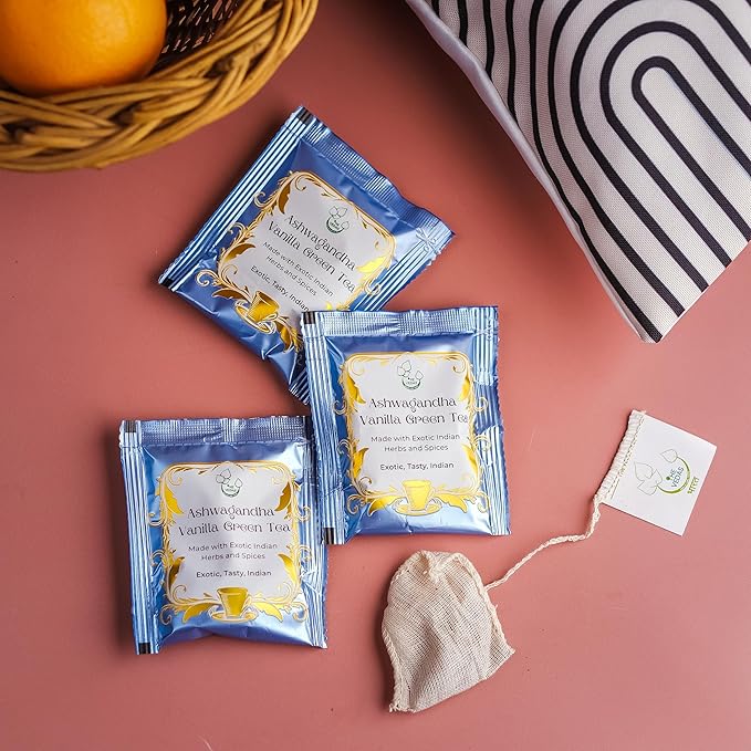 THE VEDAS Ashwagandha Vanilla Green Tea | Green Tea | Biodegradable Cotton Teabags | 40 Tea Bags(Pack of 2)