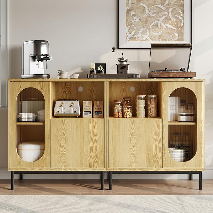 Sideboard Buffet Cabinet with Fluted Glass Doors and Adjustable Shelf, Wood Modern Accent Cabinet with Storage for Kitchen, Living Room, Entryway, Natural