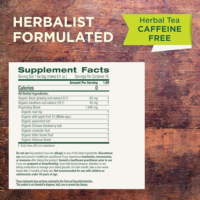 Traditional Medicinals Tea, Organic Stress Ease Focus, with Adaptogens, Everyday Balanced Energy, Ginseng Wild Apple Mint, 96 Tea Bags