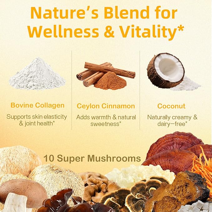 Collagen Creamer, Coconut Creamer for Coffee, 10 Mushrooms Supplement, Bovine Collagen and Ceylon Cinnamon Powder | Supports Hair, Skin & Nails, Digestive Health & Energy | 6.35 Oz