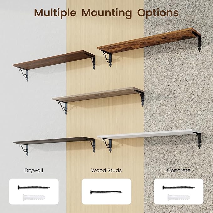 RICHFOCUS Floating Shelves for Wall Decor, 35.4W x 8D Shelves Set of 2, 8 Inch Deep Rustic Wood Shelves Wall Mounted with Brackets, Long Floating Shelves for Living Room Bedroom Kitchen, Walnut