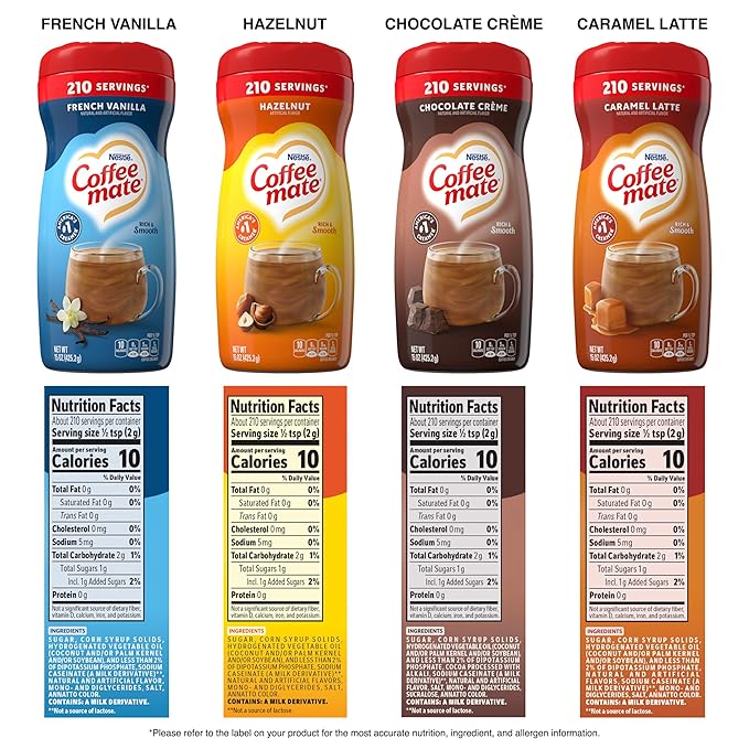 Coffee mate Flavored Creamer 4 Pack Variety Pack (15 oz bottles) - Chocolate Crème, French Vanilla, Hazelnut, Caramel Latte