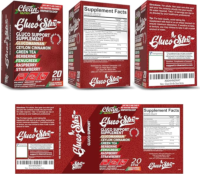 Clean Nutraceuticals Ceylon Cinnamon Powder, Green Tea Extract, Glucomannan, Berberine Supplement, Chromium Picolinate, Apple Cider Vinegar – Rainbow Sherbet Powder Sticks - 20 Count