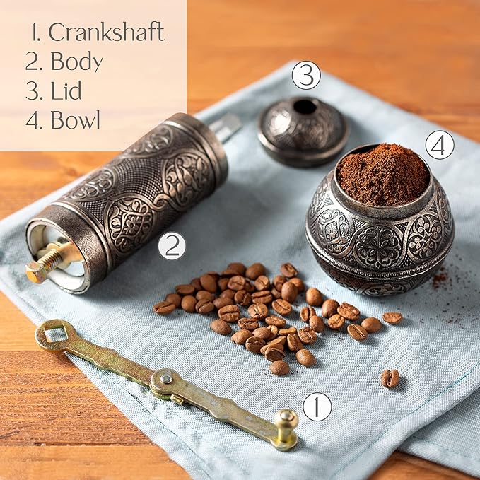 Crystalia Refillable Coffee Grinder, Authentic Manual Mill with Adjustable Grinder, Metal Coffee Mill with Handle, Antique Coffe Grinder with Hand Crank, Adjustable Coarseness