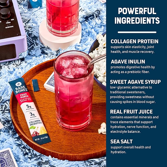 Bare Bones Fruit Punch Elevated Drink Mix | Collagen & Prebiotics | Gluten-Free & Naturally Sweetened | On-the-Go Stick Single-Serve Packs Powdered Refreshment | 5g Protein | 16 Packets (.60 oz)