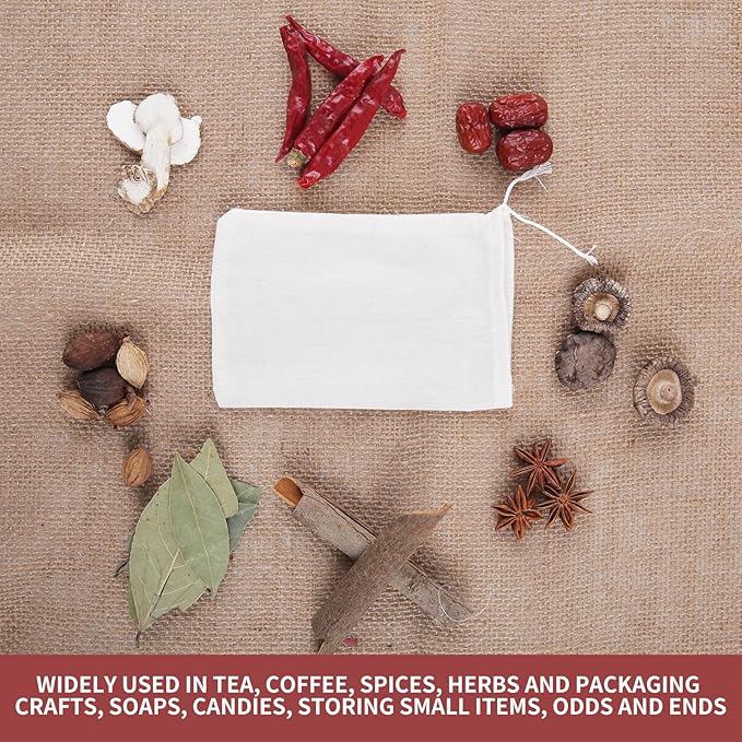 YICHEN 50pcs Spice Bags,Muslin Bags with Drawstring,safe and natural Cotton material,Unbleached White Tea Filter Bags,Cheesecloth Bags for Coffee,Tea,Soup etc.6 x 4 inch.