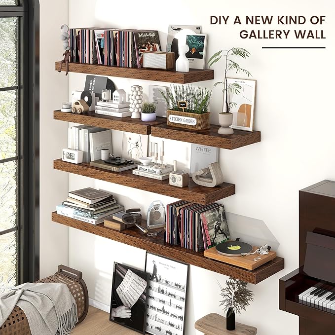 Floating Shelves for Wall, Engineered Wood Wall Shelves with Invisible Brackets for Living Room Bedroom Bathroom Office Kitchen Decor and Storage (Brown, 55" W x 9" D x 1.5" H) Set of 1
