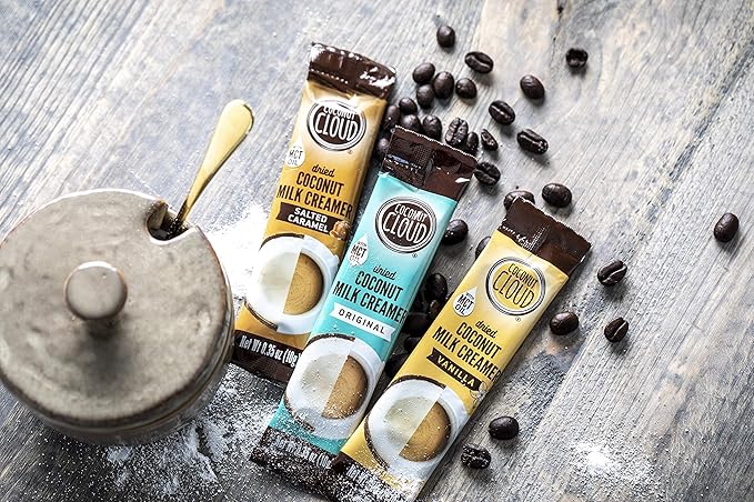 Coconut Cloud: Vegan Assorted Coffee Creamer Pack. Dairy Free, Made from Coconut Powder Milk with MCT Oil | 20 each of Original,Vanilla & Salted Caramel Single Sticks, 60 servings