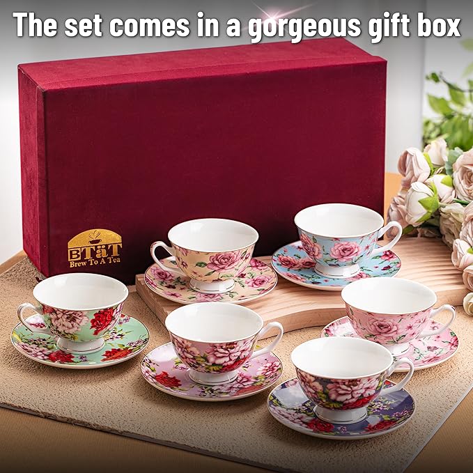 BTaT- Floral Tea Cups and Saucers with Gift Box, 8oz, Tea Cups Set of 6, Cup & Saucer Sets, Christmas Gifts