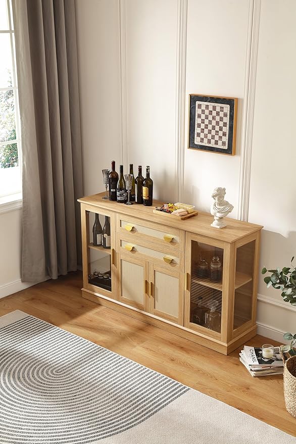 58.27'' Buffet Cabinet with 2 Drawers and Adjustable Shelves,Large Glass Door Coffee Bar Cabinet,Modern Farmhouse Sideboard Credenza for Kitchen,Natrual