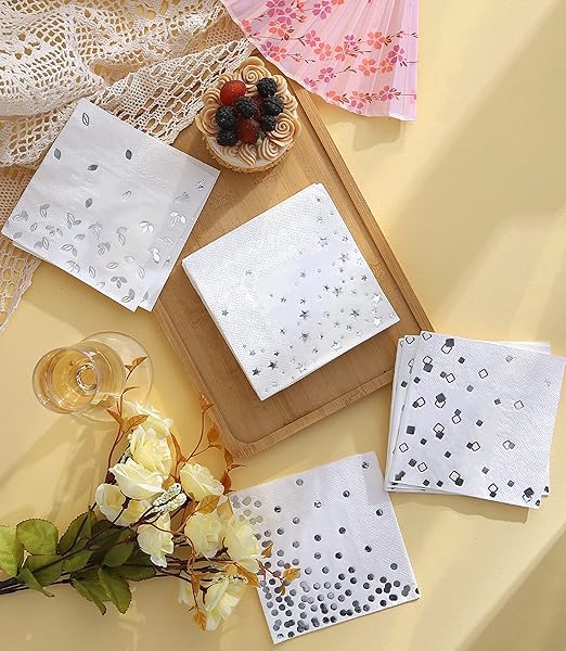 100 Silver Napkins - 4 Assorted Designs l 3-Ply Cocktail Napkins Paper Folded 5 x 5 Inches l Bar Napkins Disposable Party Napkin for Wedding Baby Shower Birthday (Assorted Pink)