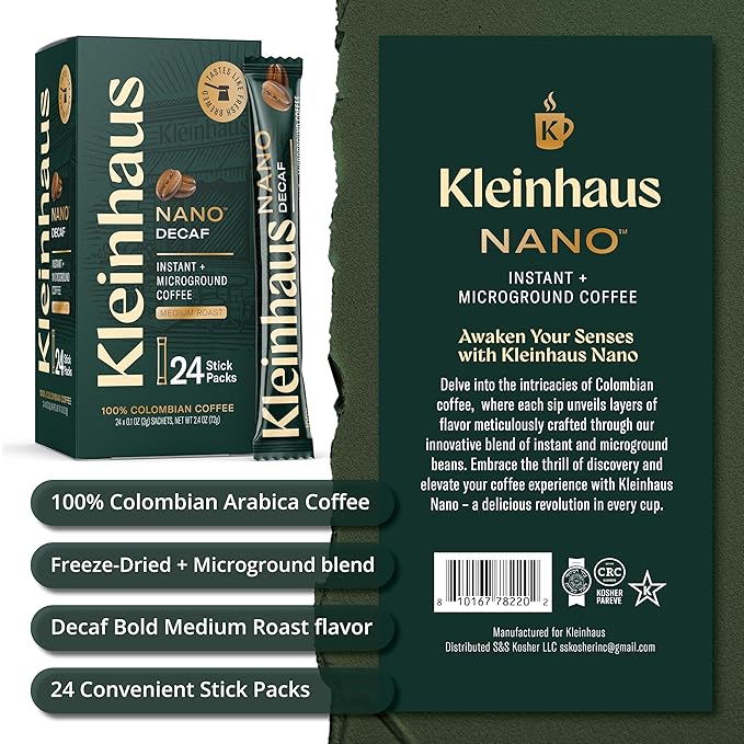 Kleinhaus Decaf Nano Single-Serve Instant Coffee + Microground | 100% Colombian Arabica Coffee | Freeze dried | Fresh Brewed Taste | 6 X 24 Packets