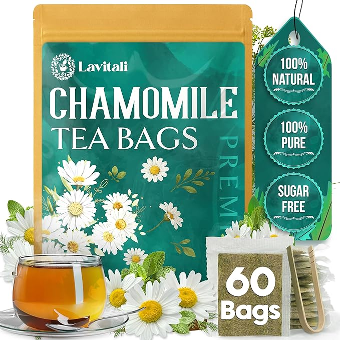 Lavitali, Chamomile Flower Tea| 60 bags, 100% Pure Herbal Tea | Caffeine-Free, Antioxidant-Rich, Eco-Friendly Filter Bag | Daily Natural Botanical, Hot or Iced Floral Infusion
