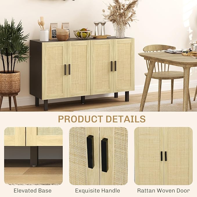 HOMCOM Boho Sideboard Buffet Cabinet, Coffee Bar Cabinet with 4 Rattan Doors and Adjustable Shelves for Kitchen, Living Room, Black and Natural