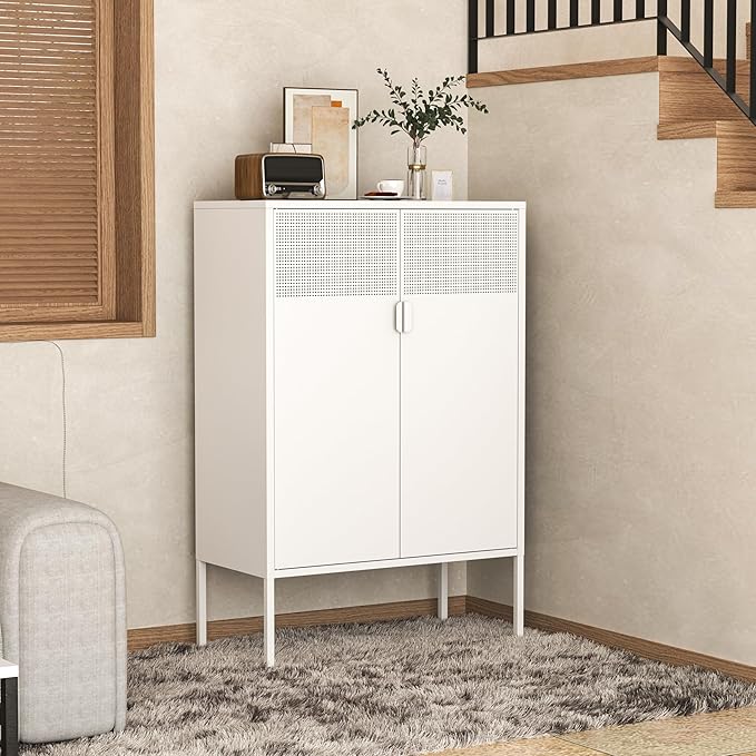 Metal Storage Cabinet,2 Door TV Stand, Metal Mesh Accent Cabinet,Magnetic Door Closure,Low Storage Cabinets with Doors and Shelf for Home,Office,Living Room