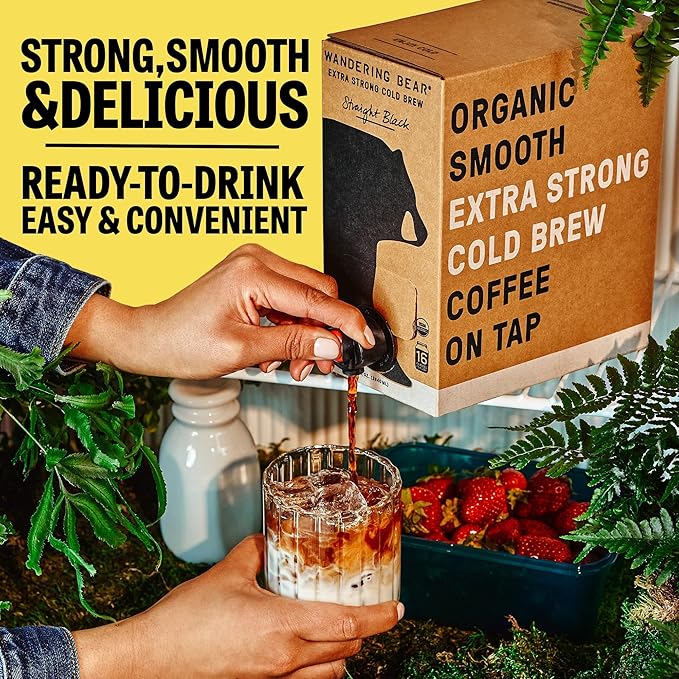Wandering Bear Straight Black Organic Cold Brew Coffee On Tap, Iced Coffee Drink - Extra Strong, Bold, Smooth, No Sugar Added, Shelf-Stable, Ready to Drink, 100% Organic - 128 fl oz (1 gallon)