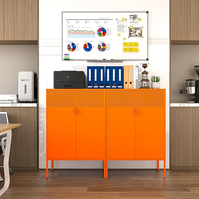 Orange Metal Storage Cabinet,2 Door TV Stand, Metal Mesh Accent Cabinet,Magnetic Door Closure,Low Storage Cabinets with Doors and Shelf for Home,Office,Living Room