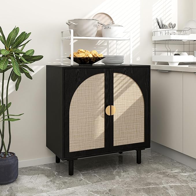 Sideboard Buffet Cabinet, 2-Door Rattan Cabinet, Coffee Bar with Adjustable Shelf, Wood Credenza for Living Room, Dining Room, Entryway, Black