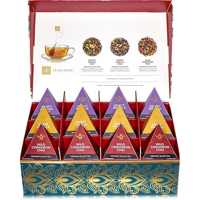 Teabloom Himalaya Chai Gift Set – Organic Chai Tea Sampler with 12 Plant-Based Pyramid Sachets, Elegant Presentation Box for Tea Lovers
