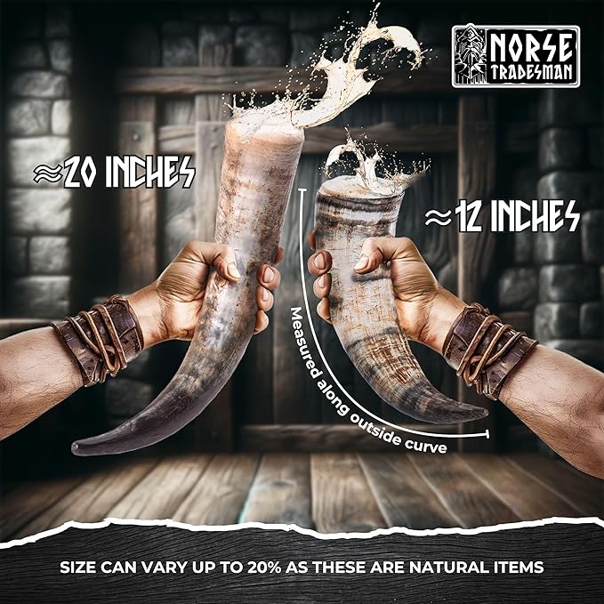 Norse Tradesman Genuine 12" Ox-Horn Viking Drinking Horn with Antique Brass Rim & Wolf Tip, Brown Leather Belt Holster, Fitted Stand & Burlap Gift Sack - The Fenrir, 12-Inches, High Polish