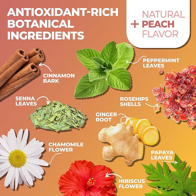 Total Tea SIimming Detox Tea Caffeine Free - 25 Day Detox - Weight l0ss for women with Chamomile, Hibiscus Tea & Ginger Root for Colon Cleanse – Natural Herbal Ginger & Peach Fruit Tea for Digestive Health