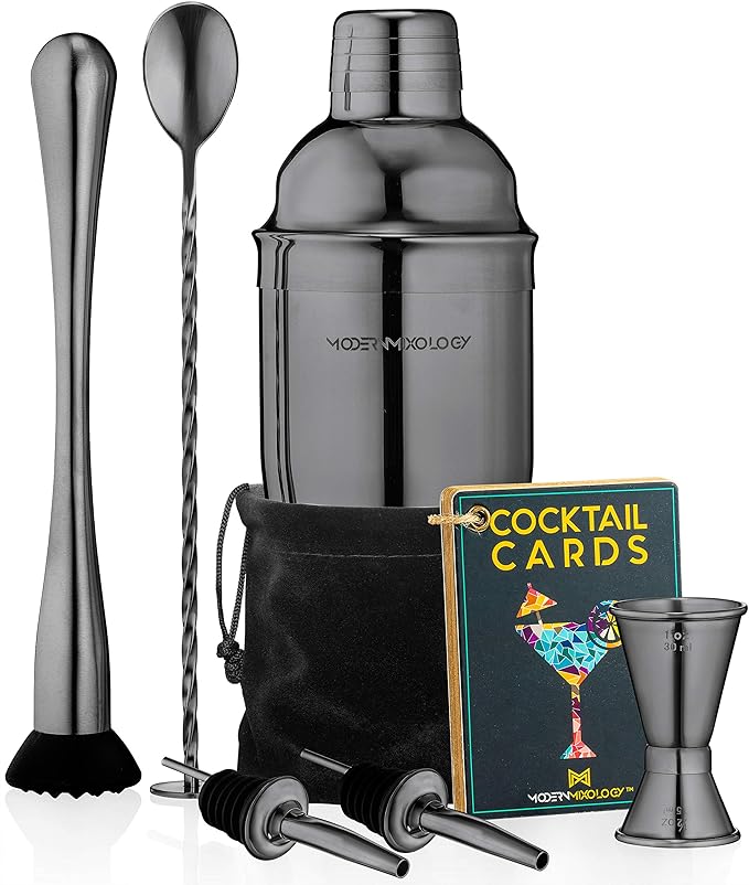 Modern Mixology 8-Piece Cocktail Shaker Set, 24oz Stainless Steel Bartender Kit with Velvet Giftable Bag, Curated Travel Cocktail Kit for Hosting Essentials (Black)