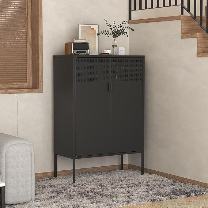 Black Metal Storage Cabinet,2 Door TV Stand, Metal Mesh Accent Cabinet,Magnetic Door Closure,Low Storage Cabinets with Doors and Shelf for Home,Office,Living Room