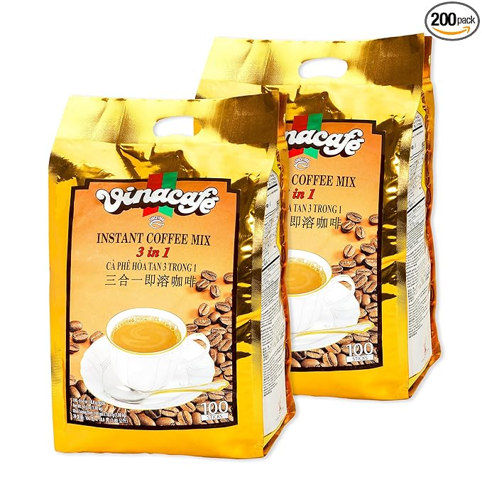 Vinacafe Premium 200 Sticks 3 in 1 Instant Coffee Mix, 100 Coffee Sticks Single Serves in 2 Packs