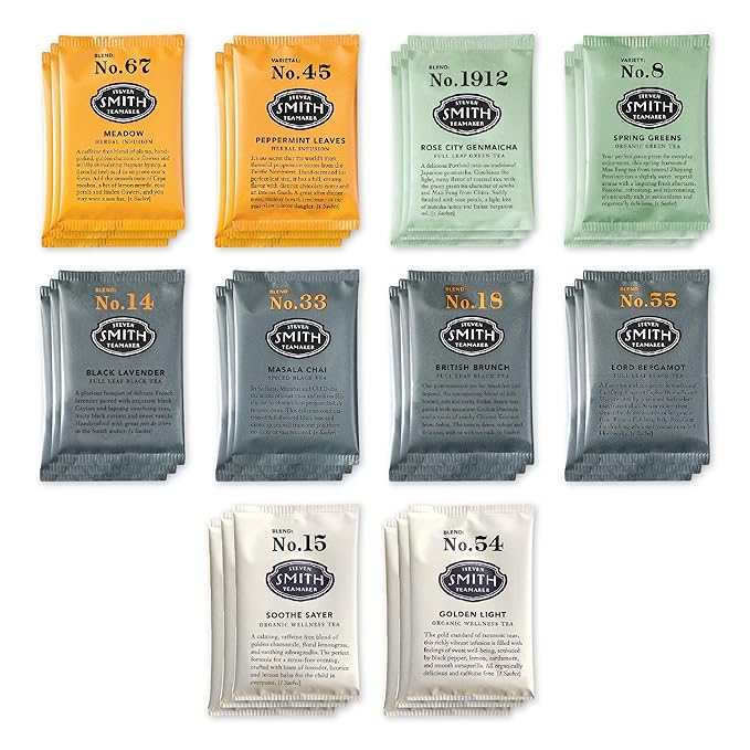 Steven Smith Teamaker Amazon Exclusive Variety Pack Sampler, 10 Flavors of Black, Green, Herbal Tea, Sugar-Free, Sustainably Grown, Full Leaf, Plant Based Tea Bags, 30 Sachets, 0.78oz each