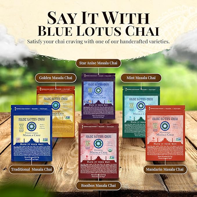 Blue Lotus Chai - Rooibos Masala Chai - Makes 17 Cups - 0.5 oz Pouch Masala Spiced Chai Powder with Organic Spices - Instant Indian Tea No Steeping - No Gluten