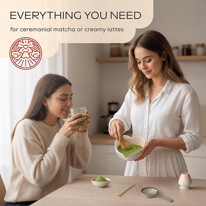 Rehny’s Matcha Whisk Set | Complete Matcha Set w/Heart-Shaped Bowl, Bamboo Whisk, Holder, Stainless Steel Sifter, Bamboo Scoop | Christmas Gift Present Macha Kit Handmade Bowl | Macha Powder Tea Kit
