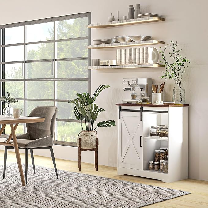 HOMCOM Farmhouse Coffee Bar Cabinet, 33" Buffet Sideboard with Sliding Barn Door and Adjustable Shelf, Kitchen Buffet Cabinet, White