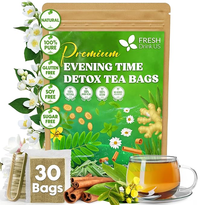 FreshDrinkUS, Evening Time Herbal Tea – 30 Tea Bags – Caffeine-Free Blend with Senna, Peppermint, Chamomile, Licorice, Ginger, Reishi Mushroom – Relaxing Herbal Infusion – Non-GMO & Natural