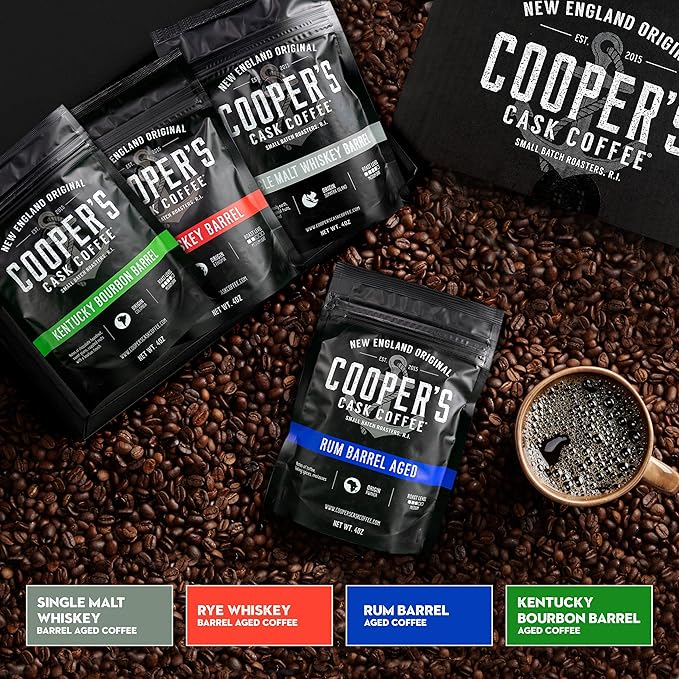 Bourbon & Whiskey Barrel Aged Coffee Box Set - 4-Bag Roasted Coffee Sampler - Bourbon Colombian, Malt Whiskey Sumatra, Rye Whiskey Ethiopian, Rum Barrel Rwanda, (Ground, 4 Ounce (Pack of 4))