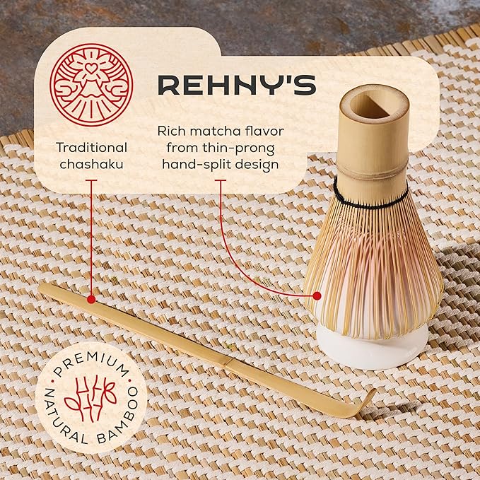 Rehny’s Matcha Whisk Set | Complete Matcha Set w/Heart-Shaped Bowl, Bamboo Whisk, Holder, Stainless Steel Sifter, Bamboo Scoop | Christmas Gift Present Macha Kit Handmade Bowl | Macha Powder Tea Kit